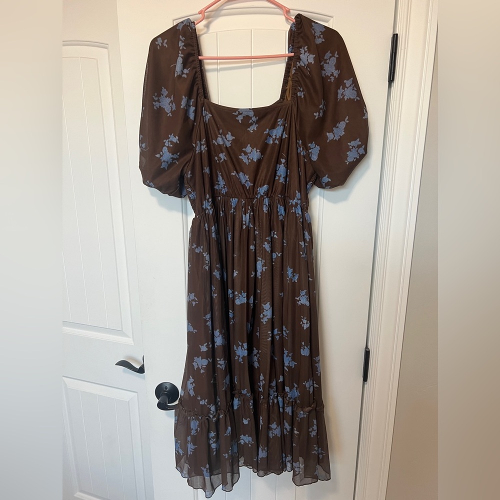 Polagram Brown and blue floral puff sleeve dress